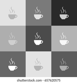 Cup sign with three small streams of smoke. Vector. Grayscale version of Popart-style icon.