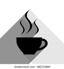 Cup sign with three small streams of smoke. Vector. Black icon with two flat gray shadows on white background.