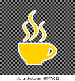 Cup sign with three small streams of smoke. Vector. Yellow icon with white contour on dark transparent background.