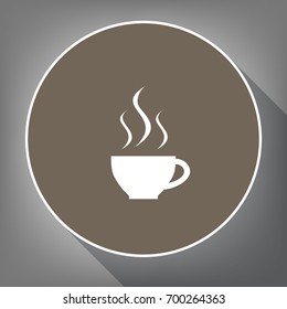 Cup sign with three small streams of smoke. Vector. White icon on brown circle with white contour and long shadow at gray background. Like top view on postament.