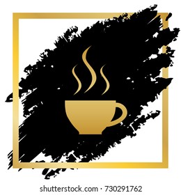 Cup sign with three small streams of smoke. Vector. Golden icon at black spot inside golden frame on white background.