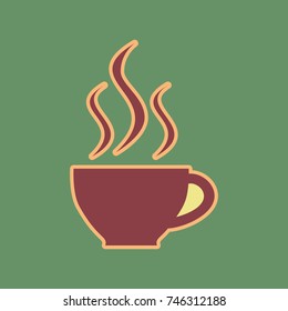 Cup sign with three small streams of smoke. Vector. Cordovan icon and mellow apricot halo with light khaki filled space at russian green background.