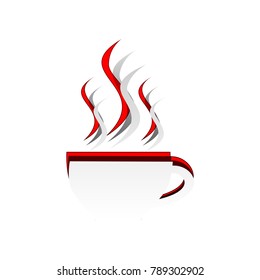 Cup sign with three small streams of smoke. Vector. Detachable paper icon with red body stock. Isolated.