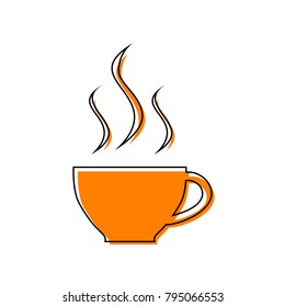Cup sign with three small streams of smoke. Vector. Black line icon with shifted flat orange filled icon on white background. Isolated.