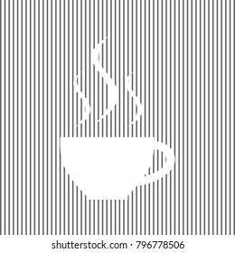 Cup sign with three small streams of smoke. Vector. White icon on grayish striped background. Optical illusion.