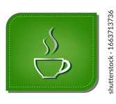 Cup sign with two small streams of smoke. Silver gradient line icon with dark green shadow at ecological patched green leaf. Illustration.