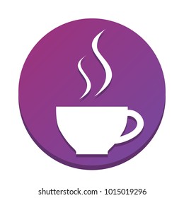Cup sign with two small streams of smoke. Vector. White icon with flat shadow on purpureus circle at white background. Isolated.