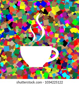 Cup sign with two small streams of smoke. Vector. White icon on colorful background with seamless pattern from squares.