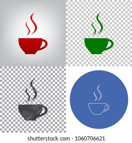 Cup sign with two small streams of smoke. Vector. 4 styles. Red gradient in radial lighted background, green flat and gray scribble icons on transparent and linear one in blue circle.