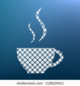 Cup sign with two small streams of smoke. Vector. White textured icon at lapis lazuli gradient background.