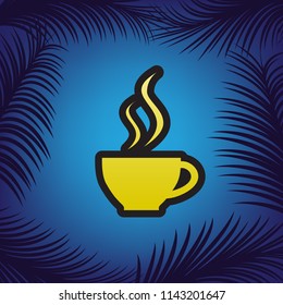 Cup sign with two small streams of smoke. Vector. Golden icon with black contour at blue background with branches of palm trees.