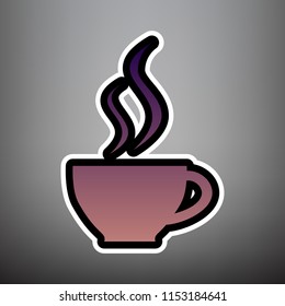 Cup sign with two small streams of smoke. Vector. Violet gradient icon with black and white linear edges at gray background.