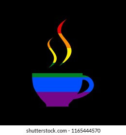 Cup sign with two small streams of smoke. Vector. Icon with colors of LGBT flag at black background.