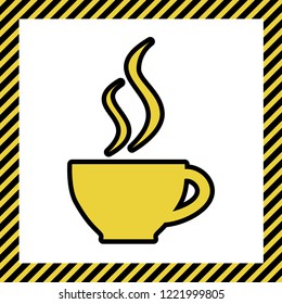 Cup sign with two small streams of smoke. Vector. Warm yellow icon with black contour in frame named as under construction at white background. Isolated.