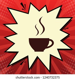 Cup sign with two small streams of smoke. Vector. Dark red icon in lemon chiffon shutter bubble at red popart background with rays.