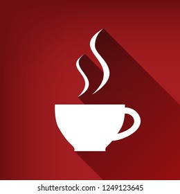 Cup sign with two small streams of smoke. Vector. White icon with limitless shadow at ruby red background.