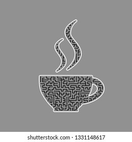 Cup sign with two small streams of smoke. Vector. Black maze filled icon with white border at gray background.