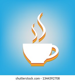 Cup sign with two small streams of smoke. Vector. White icon with 3d warm-colored gradient body at sky blue background.