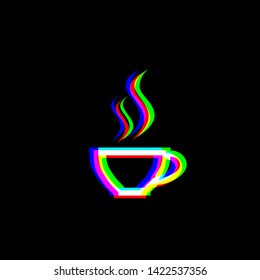 Cup sign with two small streams of smoke. Red, green and blue unfocused contour icon at black background. Illustration.