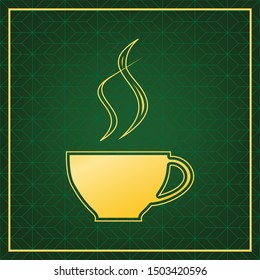 Cup sign with two small streams of steam. Golden icon with gold contour at dark green gridded background. Illustration.