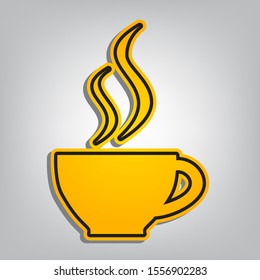 Cup sign with two small streams of smoke. Flat orange icon with overlapping linear black icon with gray shadow at whitish background. Illustration.