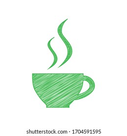 Cup sign with two small streams of smoke. Green scribble Icon with solid contour on white background. Illustration.