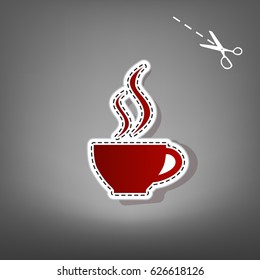 Cup sign with two small streams of smoke. Vector. Red icon with for applique from paper with shadow on gray background with scissors.
