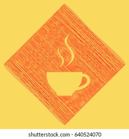 Cup sign with two small streams of smoke. Vector. Red scribble icon obtained as a result of subtraction rhomb and path. Royal yellow background.
