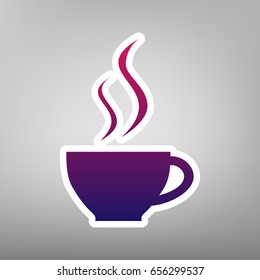 Cup sign with two small streams of smoke. Vector. Purple gradient icon on white paper at gray background.