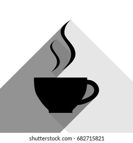 Cup sign with two small streams of smoke. Vector. Black icon with two flat gray shadows on white background.