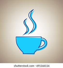 Cup sign with two small streams of smoke. Vector. Sky blue icon with defected blue contour on beige background.