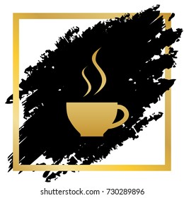 Cup sign with two small streams of smoke. Vector. Golden icon at black spot inside golden frame on white background.