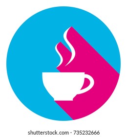 Cup sign with two small streams of smoke. Vector. Flat white icon with mexican pink shadow inside sky blue(S and G) circle at white background. Isolated. Trend colors in 2017.