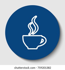 Cup sign with two small streams of smoke. Vector. White contour icon in dark cerulean circle at white background. Isolated.