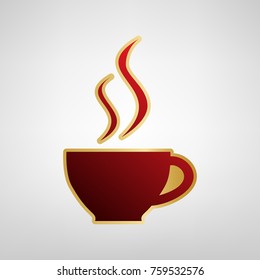 Cup sign with two small streams of smoke. Vector. Red icon on gold sticker at light gray background.