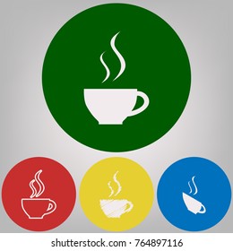 Cup sign with two small streams of smoke. Vector. 4 white styles of icon at 4 colored circles on light gray background.