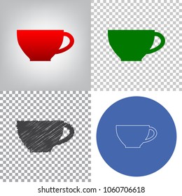 Cup sign. Vector. 4 styles. Red gradient in radial lighted background, green flat and gray scribble icons on transparent and linear one in blue circle.