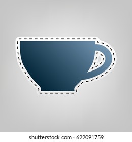 Cup sign. Vector. Blue icon with outline for cutting out at gray background.