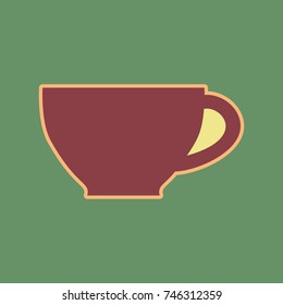 Cup sign. Vector. Cordovan icon and mellow apricot halo with light khaki filled space at russian green background.