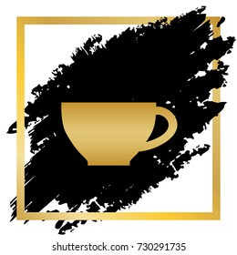 Cup sign. Vector. Golden icon at black spot inside golden frame on white background.