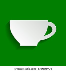 Cup sign. Vector. Paper whitish icon with soft shadow on green background.