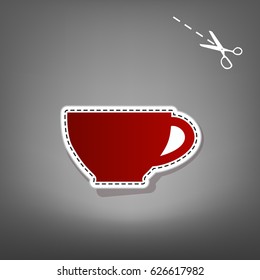Cup sign. Vector. Red icon with for applique from paper with shadow on gray background with scissors.