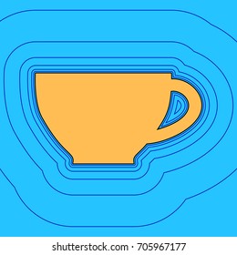 Cup sign. Vector. Sand color icon with black contour and equidistant blue contours like field at sky blue background. Like waves on map - island in ocean or sea.