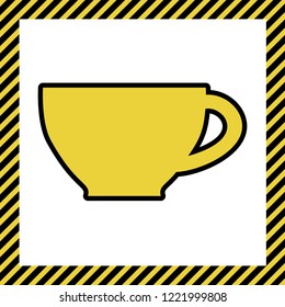Cup sign. Vector. Warm yellow icon with black contour in frame named as under construction at white background. Isolated.