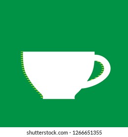 Cup sign. Vector. White flat icon with yellow striped shadow at green background.