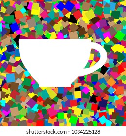 Cup sign. Vector. White icon on colorful background with seamless pattern from squares.