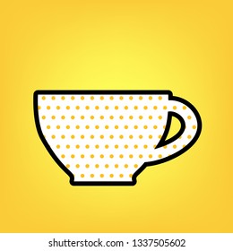 Cup sign. Vector. Yellow polka dot white icon with black contour at warm yellow background.