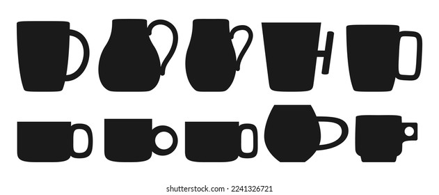 Cup silhouette mug set, trendy different shapes. Crafted ceramic Scandinavian tableware. Hot or cold drinks, tea coffee beverages teacup. Modern porcelain cups mugs vector Illustration