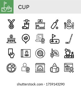cup simple icons set. Contains such icons as Golf, Medal, Cocktail, Coffee shop, Cricket, Restaurant, Donut shop, Fire location, Certificate, can be used for web, mobile and logo