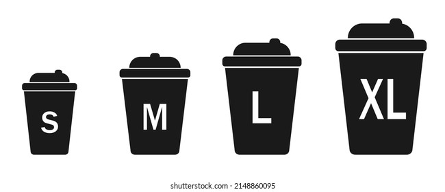 Cup Size Icon Set  Coffee. Small Medium Large Extra Large Cup Sizes. Vector Illustration. Eps10